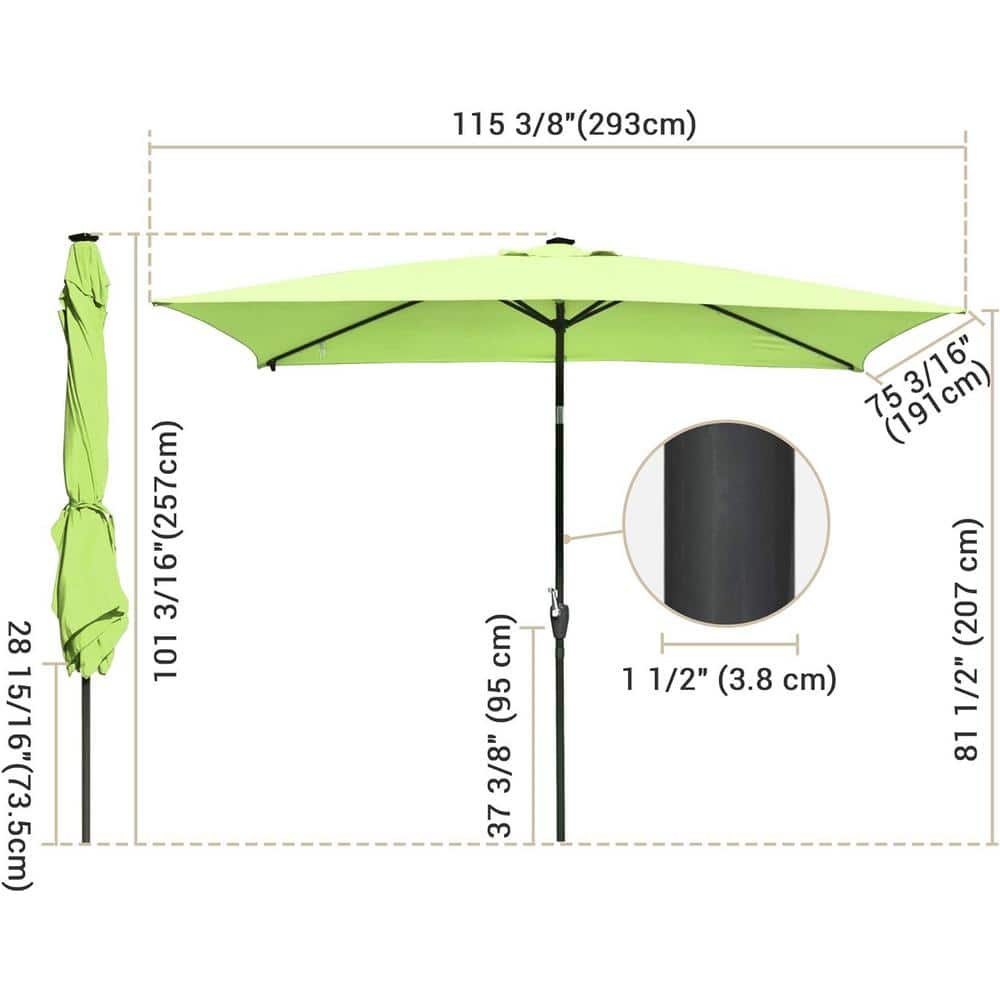 10x6.5 ft Outdoor Rectangle Solar Powered LED Patio Umbrella with Crank Tilt for Garden Backyard Table Market Pool, Lime