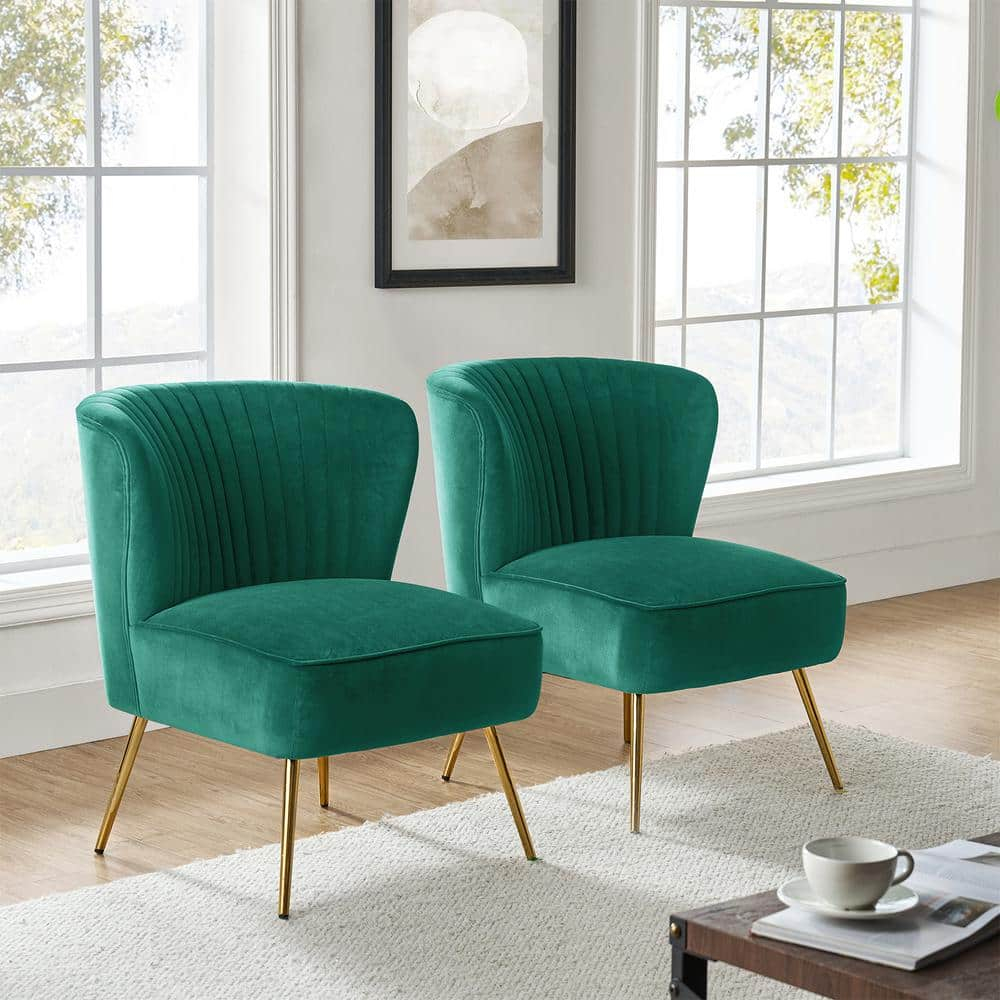Velvet Accent Chair Set of 2 Upholstered Adult Side Chairs Gold Leg Home Bedroom Green