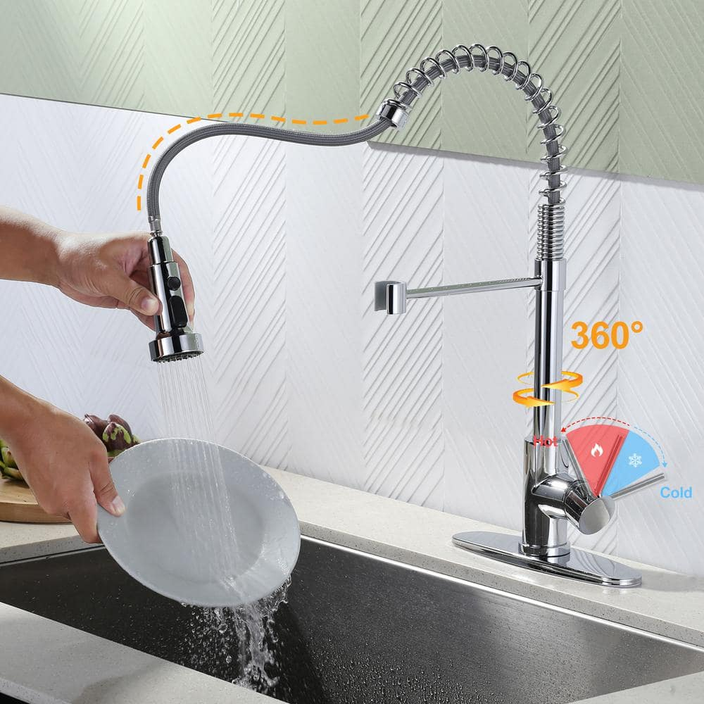 VOTON Chrome Kitchen Faucets with Pull Out Sprayer Commercial Spring Sink Faucet Stainless Steel Pull Down Single Handle Farmhouse faucets with Deck Plate for Camper Laundry Utility Rv Wet Bar