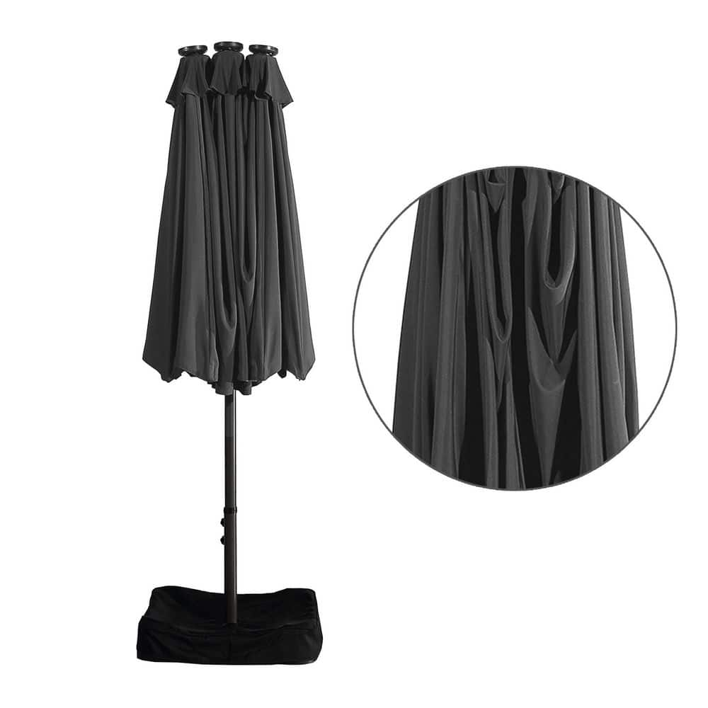 15 ft. Steel Patio Double-Side Market Umbrella with Base and Solar Light with Base in Dark Gray