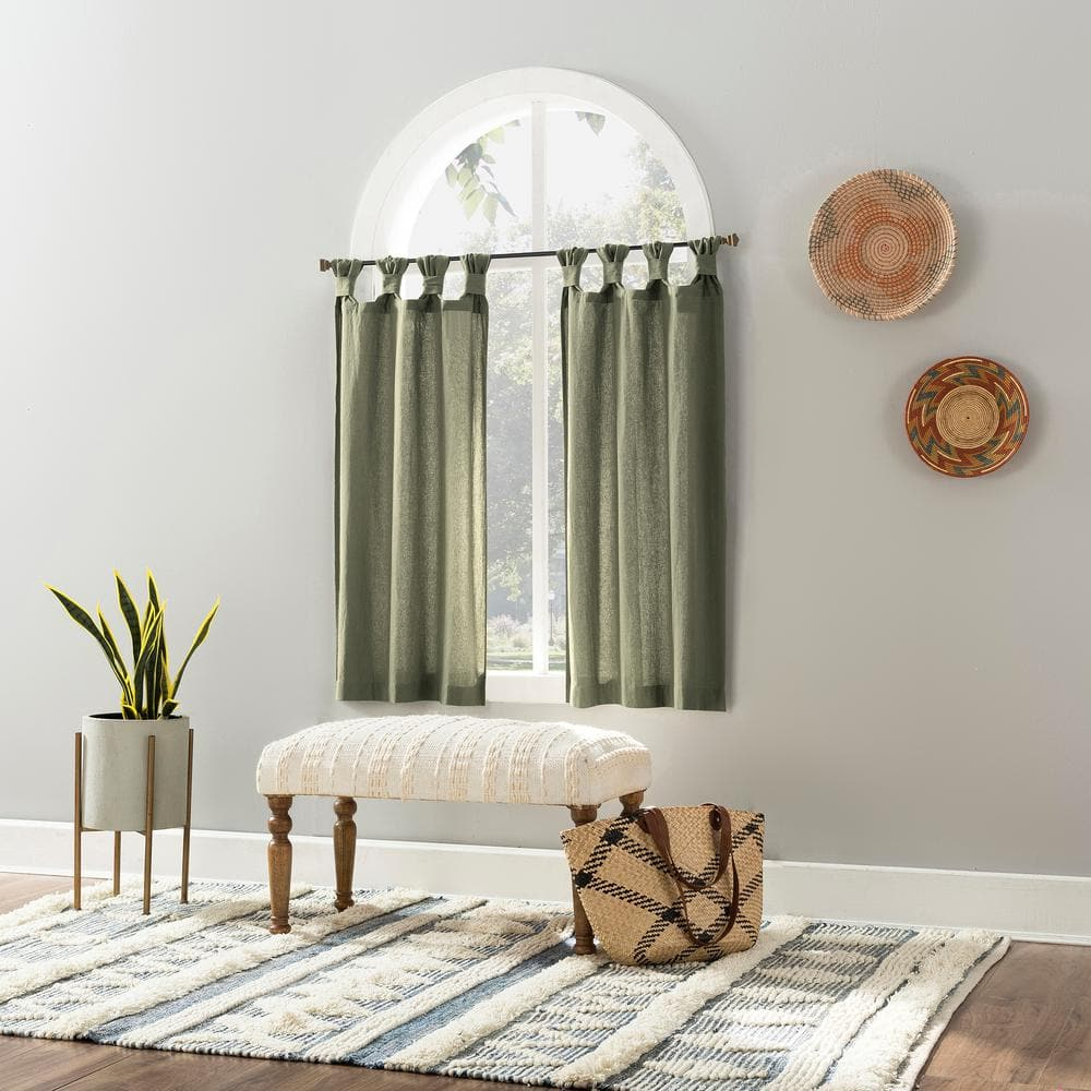 Moss Green Cotton Tab Top Sheer Kitchen Window Curtains, 52" x 36"