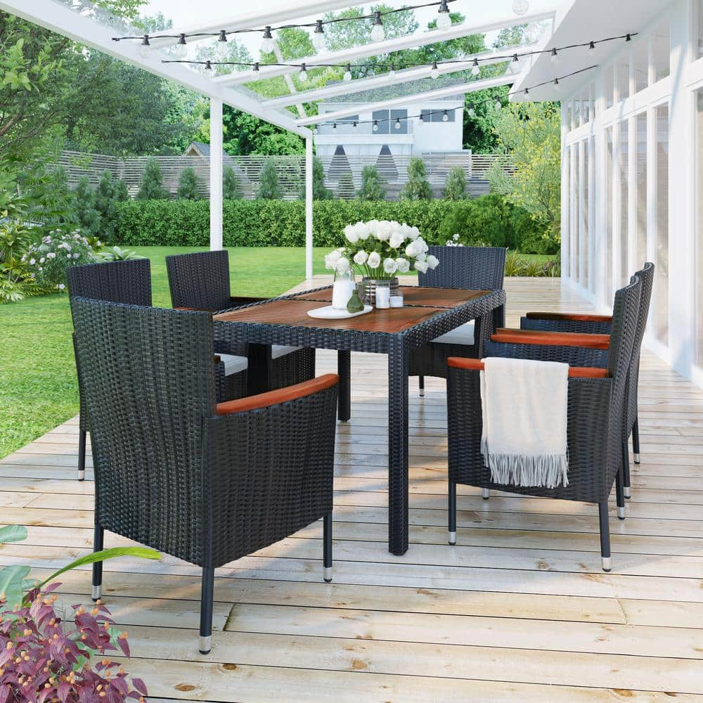 7 Piece Outdoor Patio Dining Set Indoor Outdoor Wicker Dining Furniture Set with Brown Rattan Dining Table and Chairs with Cushions, Reddish-brown Tabletop