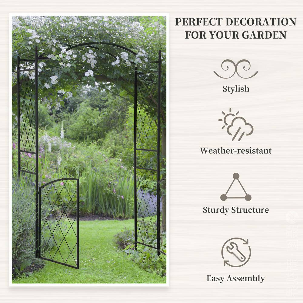 Black Metal Garden Arch Arbor Trellis with Gate for Outdoor Decoration
