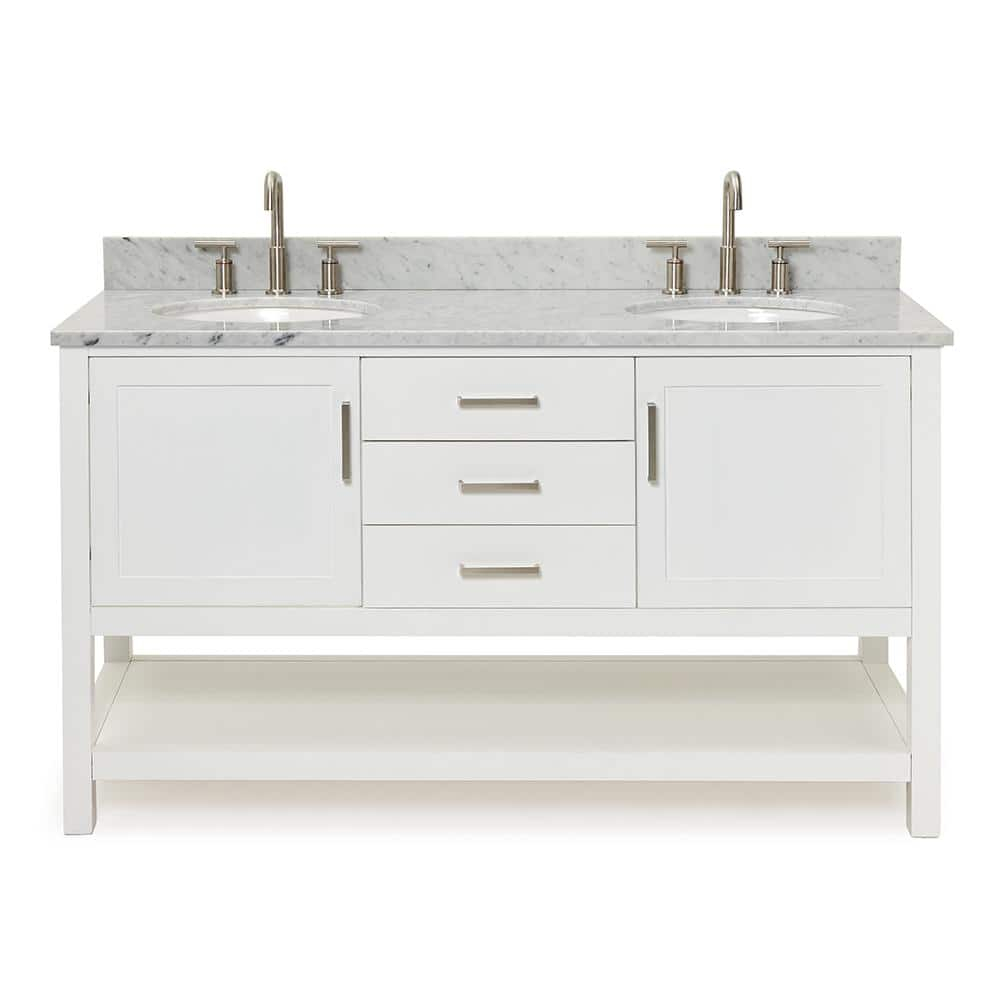 Bayhill 60 in. W x 22 in. D x 35.25 in. H Double Freestanding Bath Vanity in White with Carrara White Marble Top