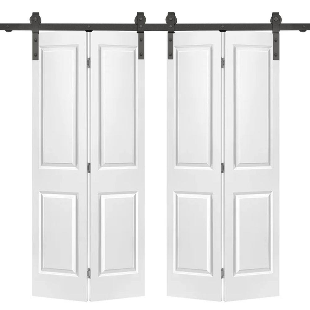 72 in. x 80 in. Hollow Core 2 Panel White Painted MDF Composite Double Bi-Fold Barn Doors with Sliding Hardware Kit