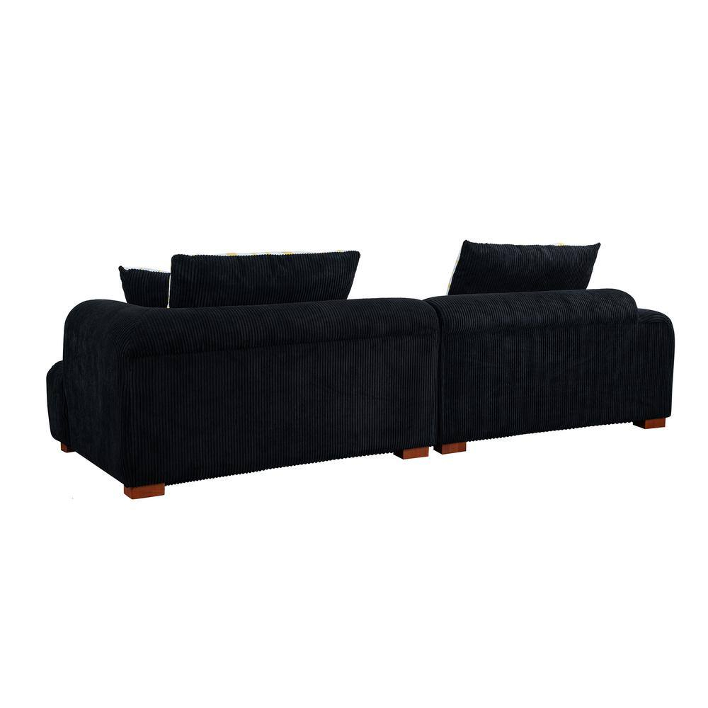 103.9" Modern Couch, Corduroy Fabric Comfy Deep Seat Sofa with Rubber Wood Legs, 4 Tossing Pillows for Living Room, Bedroom, Apartment, Dorm, Black