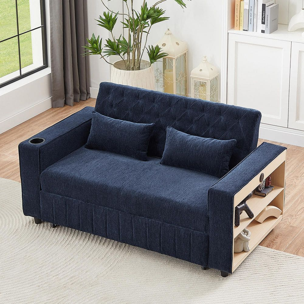 Blue Chenille Tufted Twin Sleeper Sofa with Cup Holder