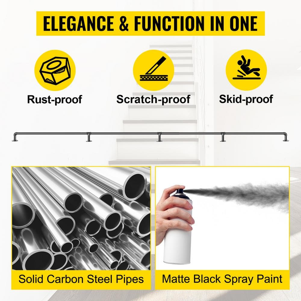 VEVOR Pipe Stair Handrail, 2FT Staircase Handrail, 440LBS Load Capacity Carbon Steel Pipe Handrail, Industrial Pipe Handrail with Wall Mount Support, Round Corner Wall Handrailings for Indoor, Outdoor