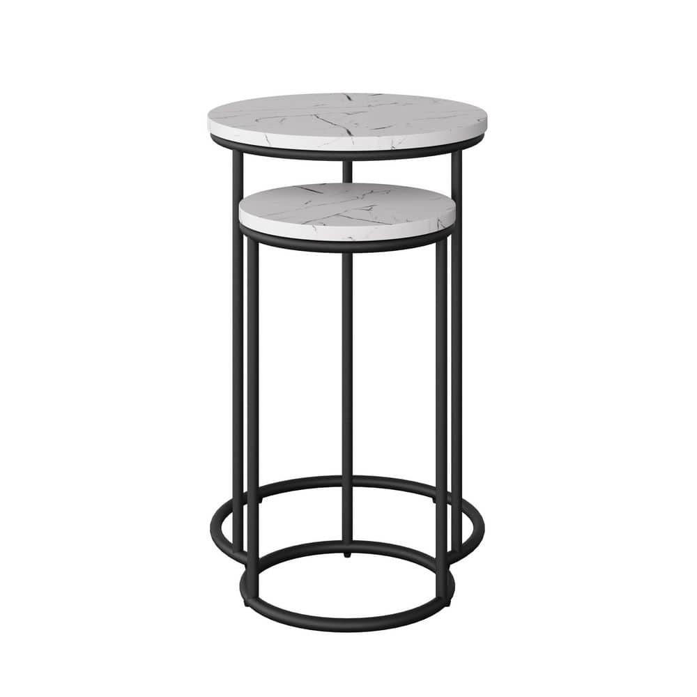 CorLiving Fort Worth White Faux Marble Finish Engineered Wood Round Tall Nesting Side Tables with Black Steel Base