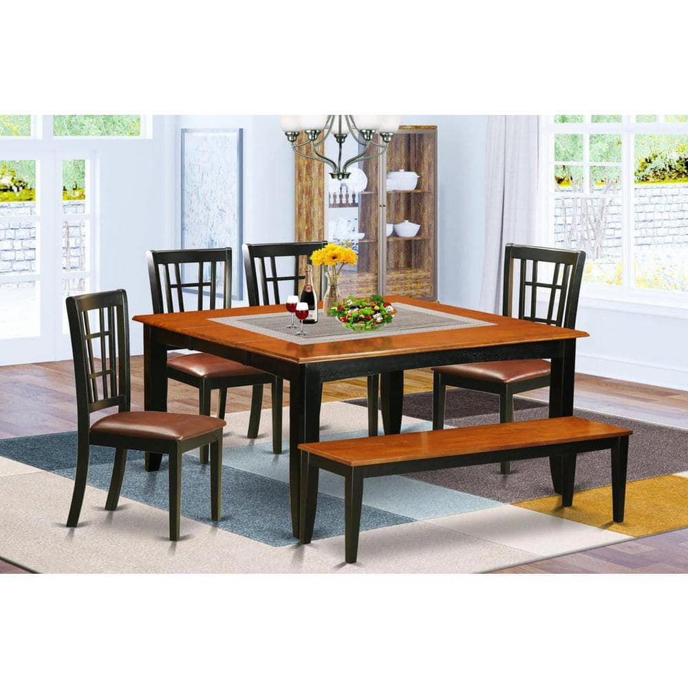 Cherry and Black 6-Piece Dining Set with High-Back Chairs and Bench