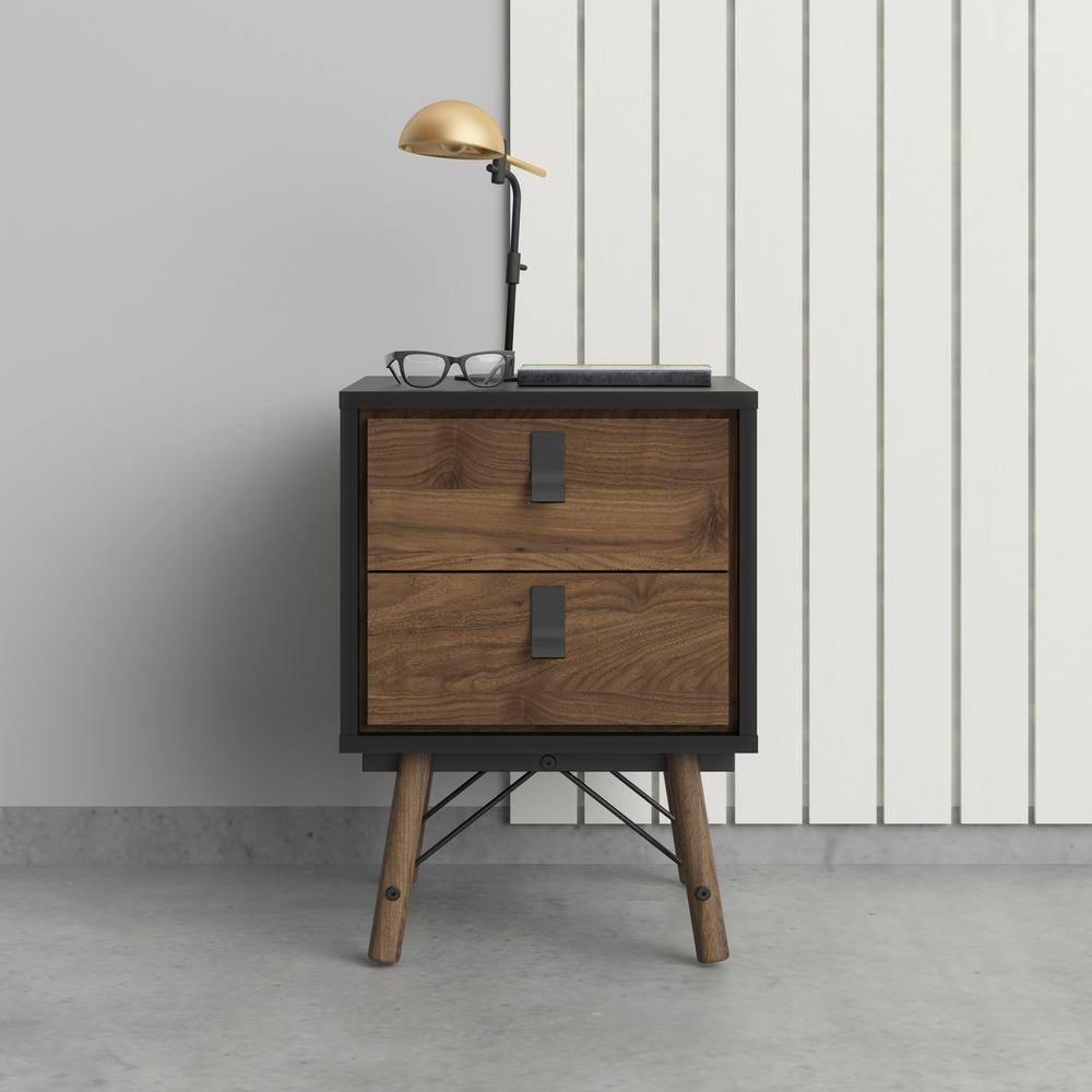 Tvilum Ry 2 Drawer Bedroom Nightstand for Adults, Black Matte/Walnut