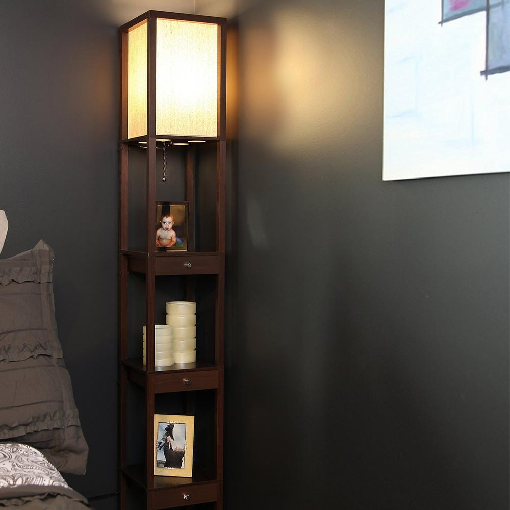 Maxwell 72 in. Havana Brown Traditional 1-Light LED Energy Efficient 3-Drawer Floor Lamp with Beige Fabric Square Shade