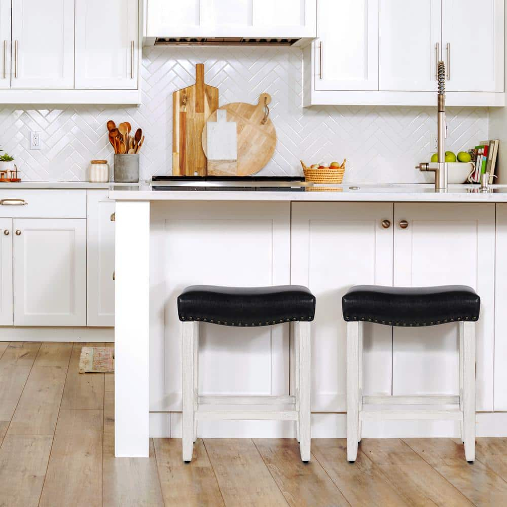 Polytrends Jameson Upholstered Polyester Antique White 24 Inch Counter Stool (Set Of 2) Antique White/Black Wood Rubberwood Footrest Leather Glam
