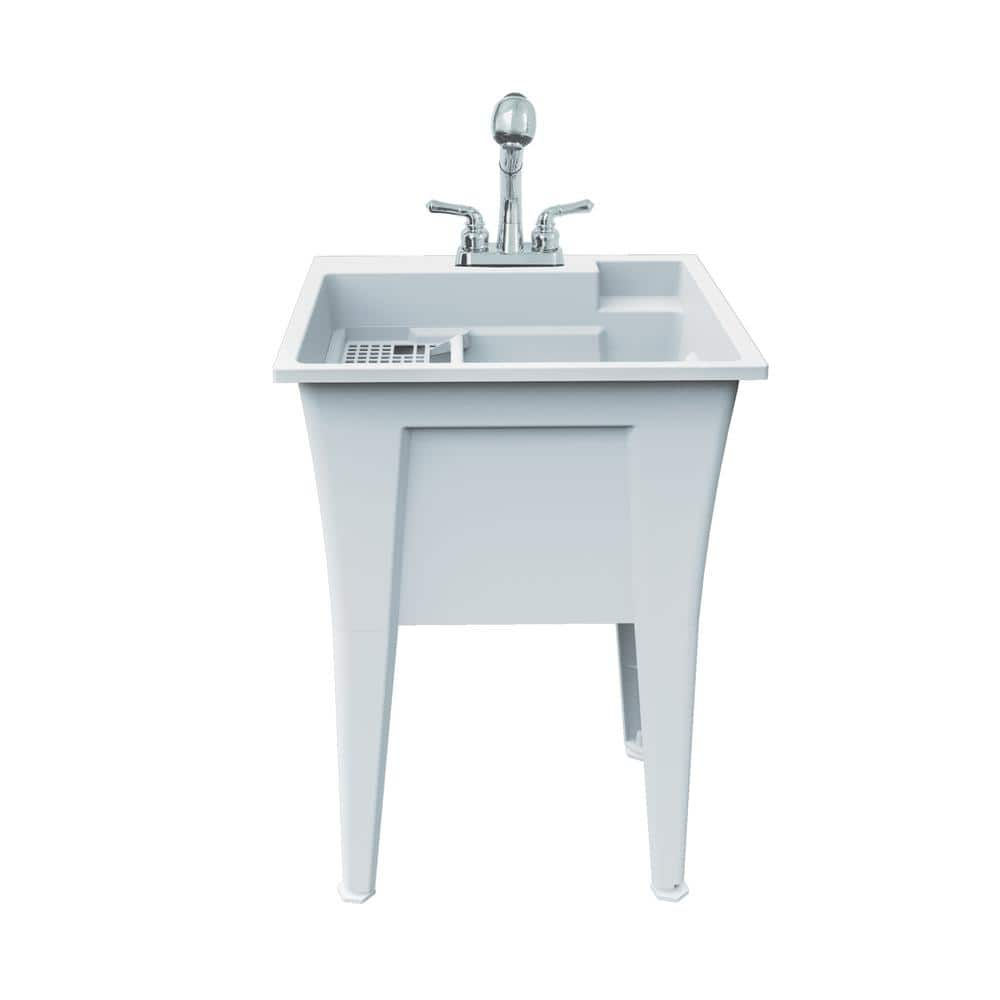 White Stone Freestanding Laundry Sink with Chrome Faucet