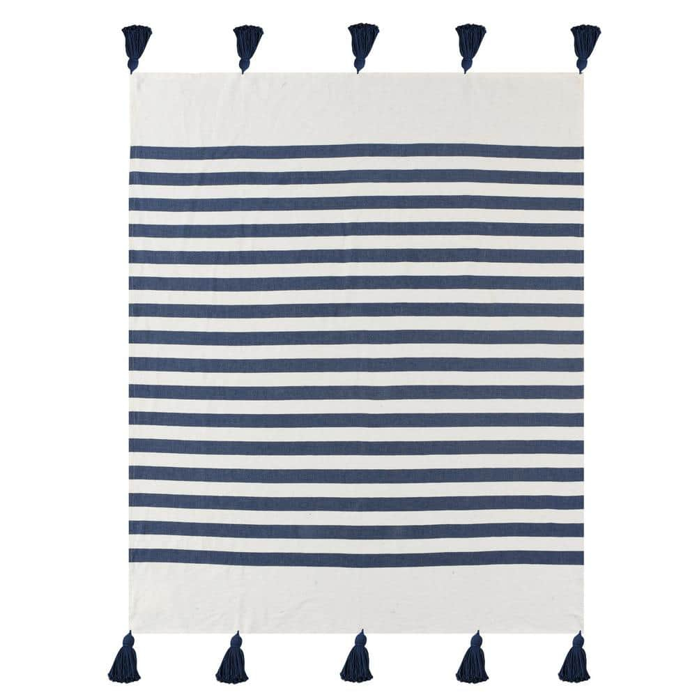 Ox Bay Navy Blue/White Striped Cotton Throw Blanket, 50" x 60"