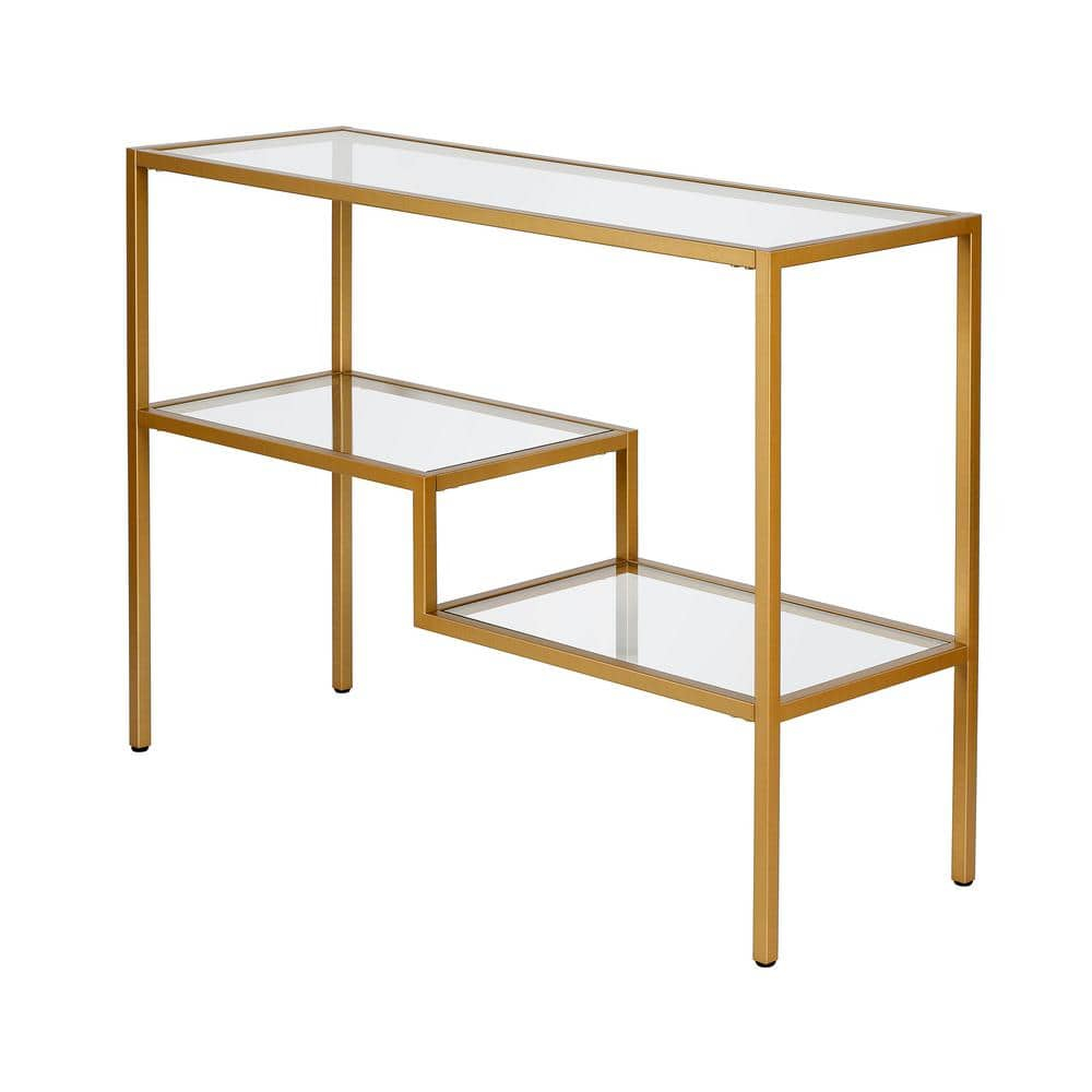 Brass and Glass Console Table with Storage Shelves