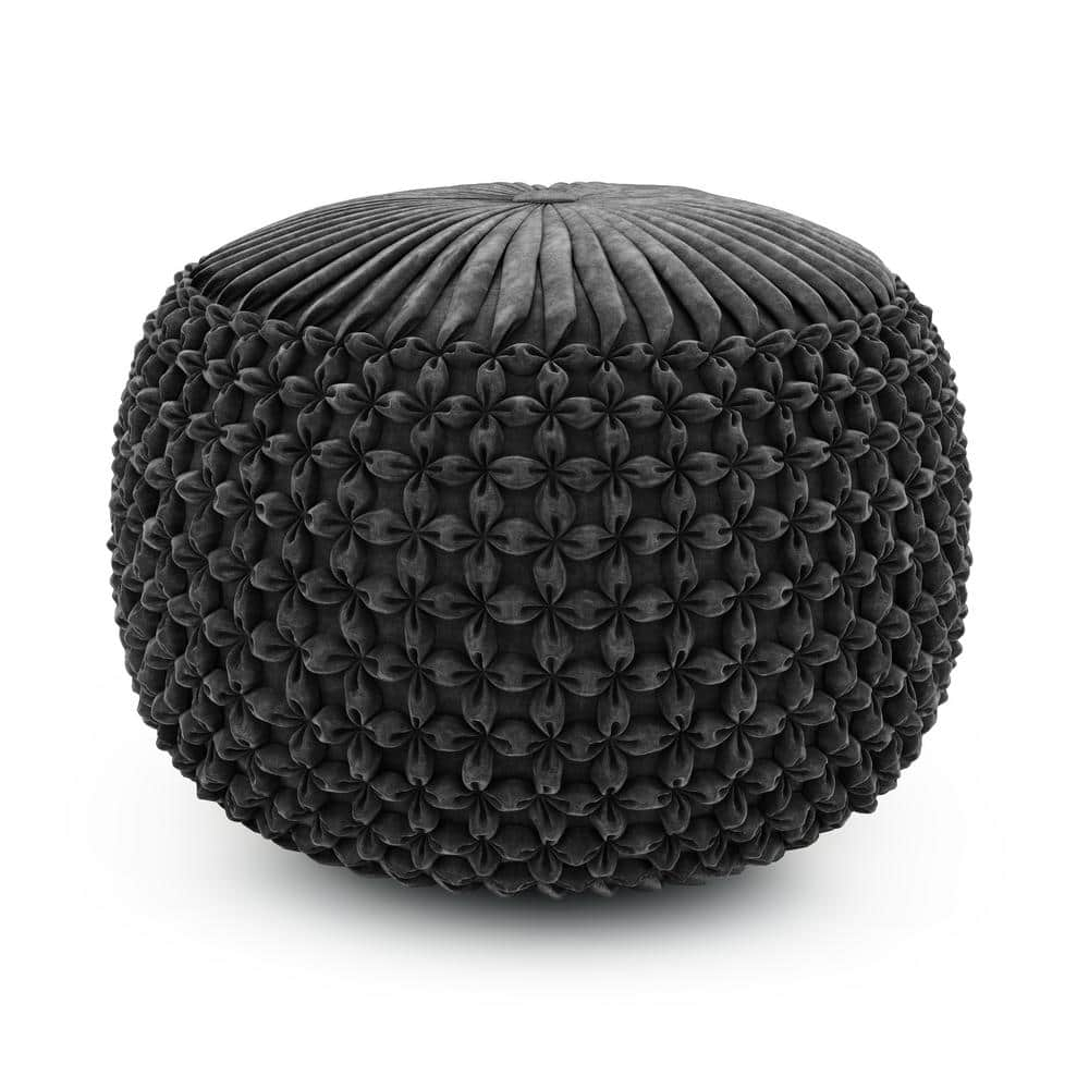 Renee Slate Grey Velvet Round Tufted Pouf