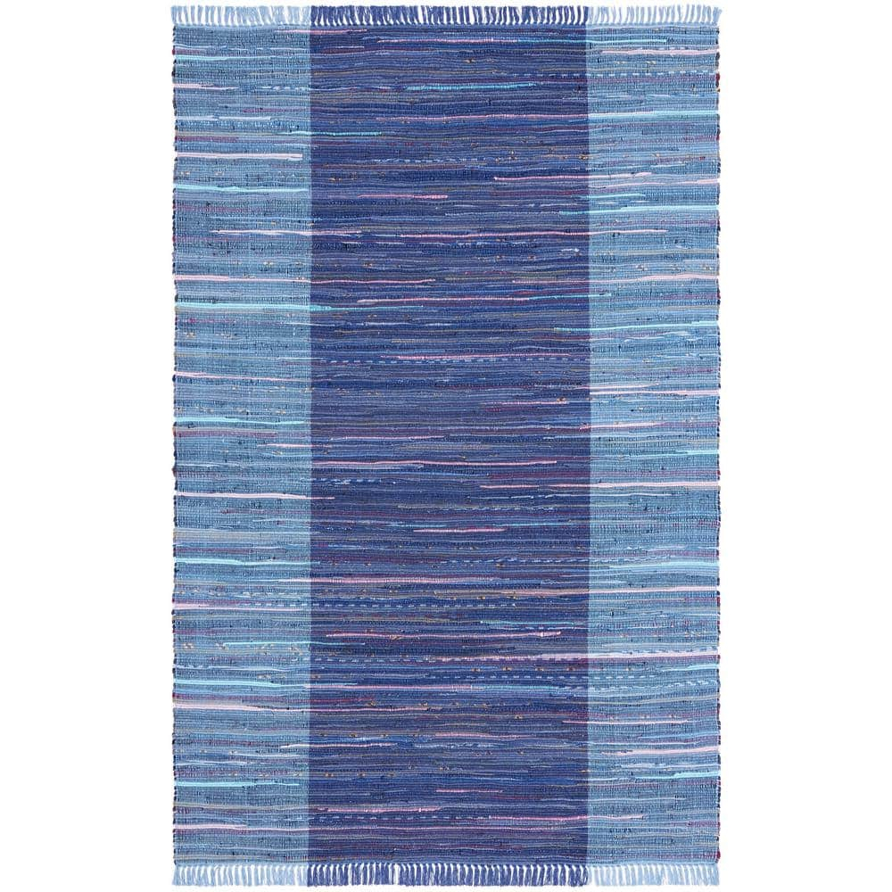 SAFAVIEH Rag Romeo Striped Fringe Cotton Area Rug, Navy/Blue, 2' x 3'