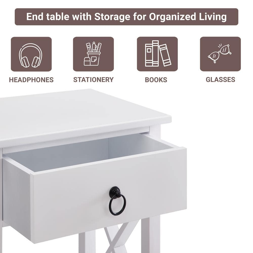 12 in. White Rectangle Wood End Table with Drawer and Shelf Solid Narrow Side Table For Bedrooms Ideal For Small Spaces