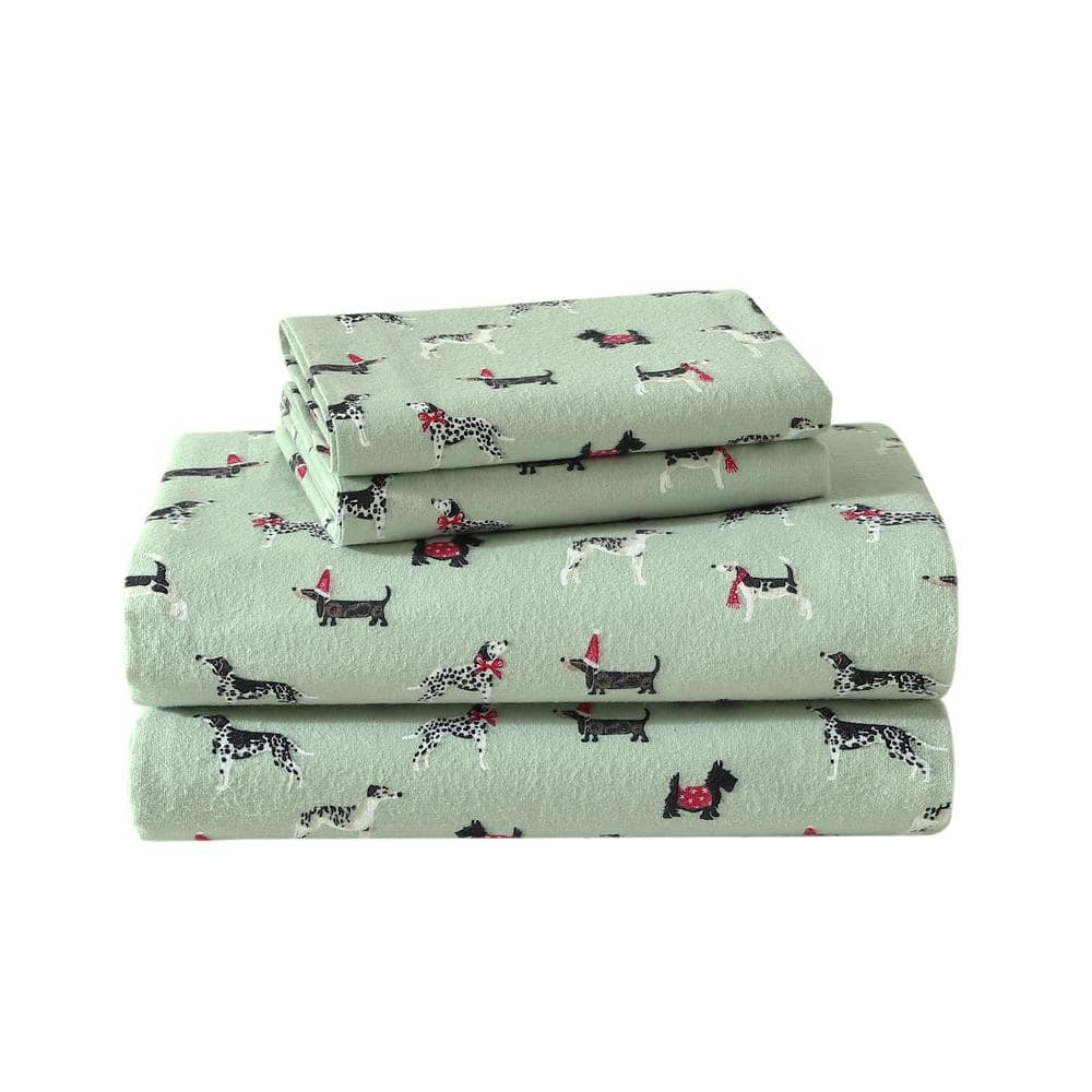 Holiday Pups Green Cotton Flannel Full Sheet Set