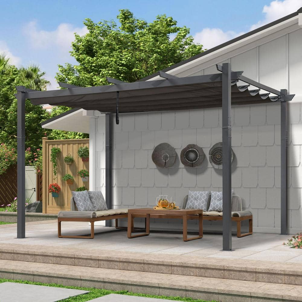 PURPLE LEAF Pergola 9.5' X 13' Outdoor Retractable Pergola Against The Wall with Sun Shade Canopy Aluminum Patio Pergola for Porch Garden Yard, Gray
