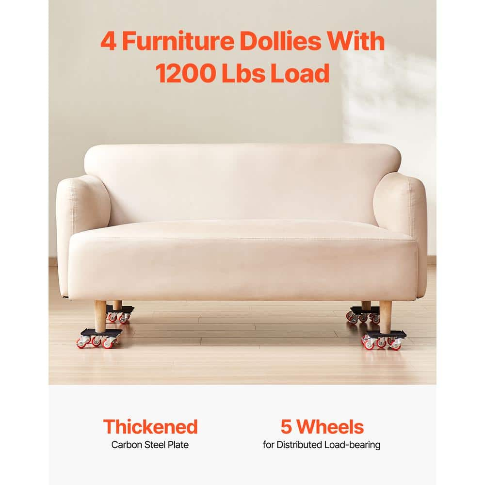 VEVOR Furniture Dolly, Maximum Load 1200 lbs, Heavy Duty Furniture Movers with 5 360° Rotation Wheels, Carbon Steel Panel, Furniture Lift Slider Tool Set for Appliances, Sofa, Fridge, Washing Machine