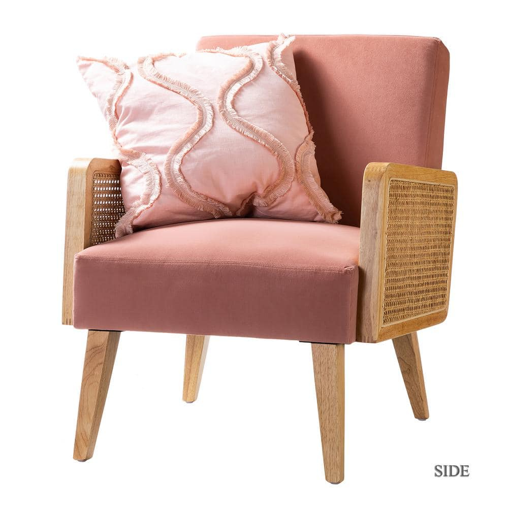 Farmhouse Accent Chair Rattan Armrests Fabric Upholstered Wooden Reading Armchair Living Bedroom Blush