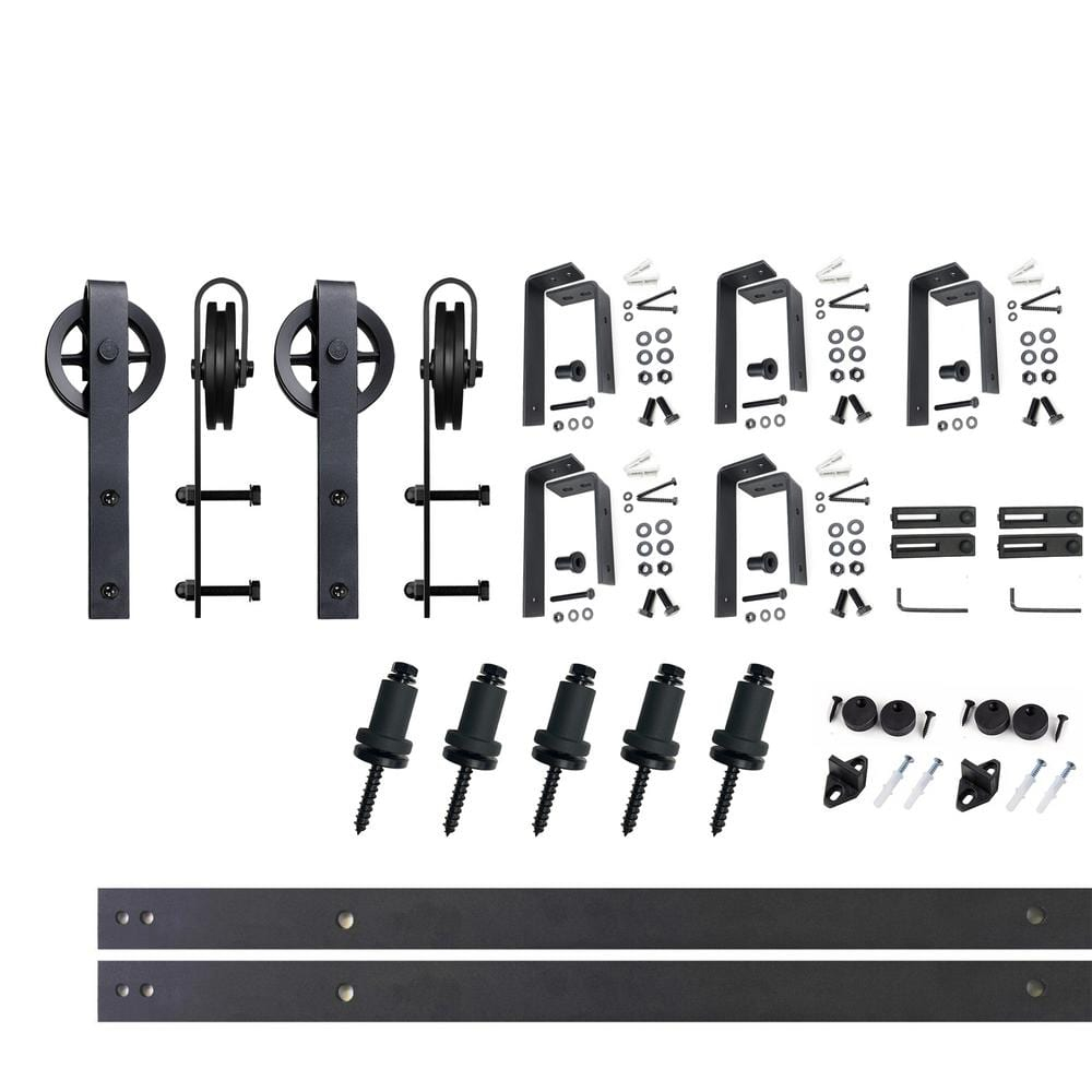 Homacer Black Rustic Double Track U-Shape Bypass Sliding Barn Door Hardware Kit, for Two/Double Doors, 7ft Long Flat Track, Spoke Wheel Design Roller, Heavy Duty, for Interior & Exterior Use