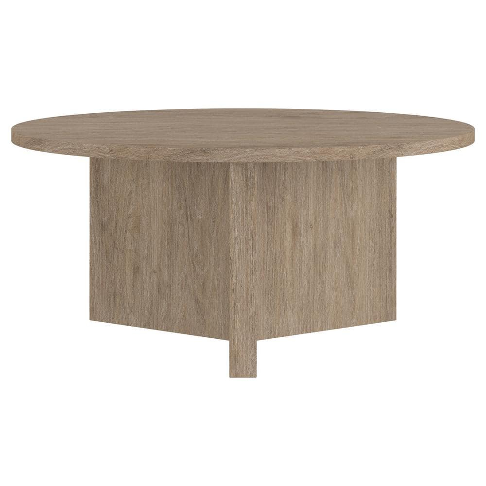 Evelyn&Zoe Anders 36" Wide Round Coffee Table, Antiqued Gray Oak