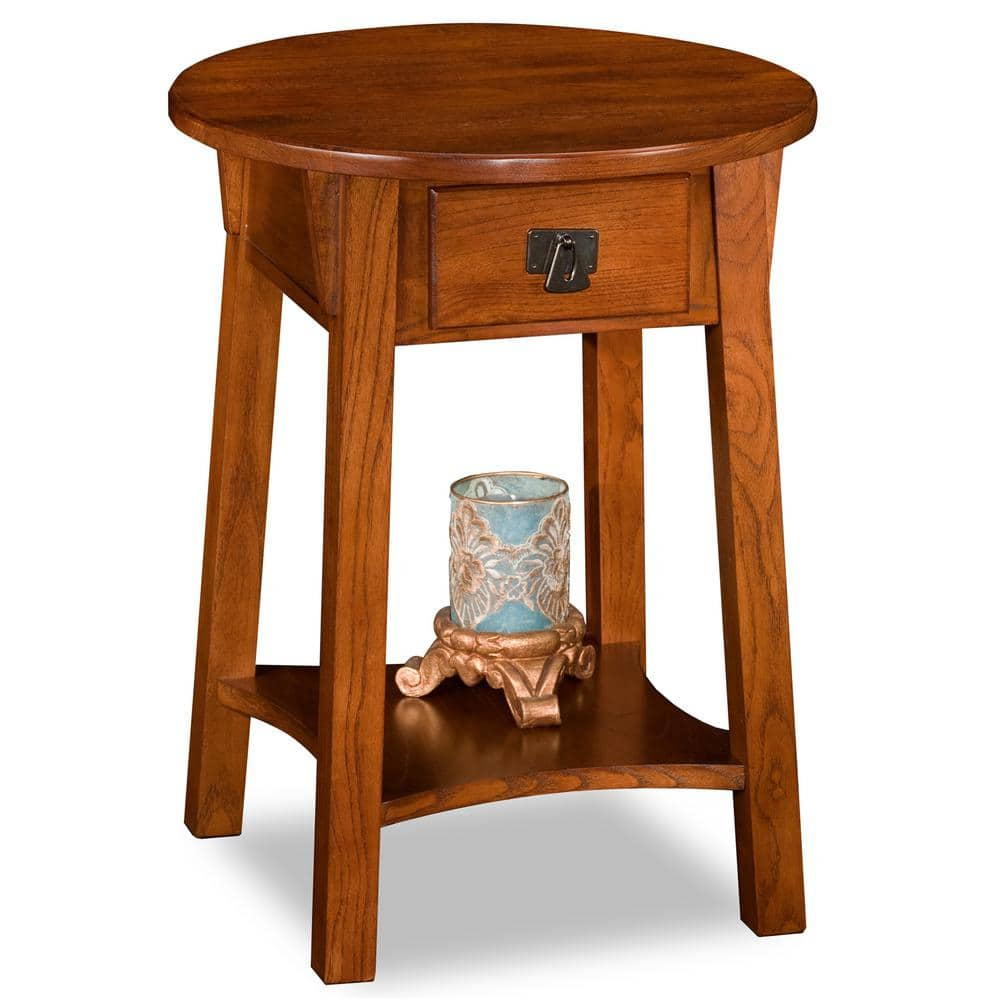 Leick Home 9056-RS Mission Round End Table with Drawer, Made with Solid Wood, Side Table for Living Room, Bedroom, and Office, Russet Finish