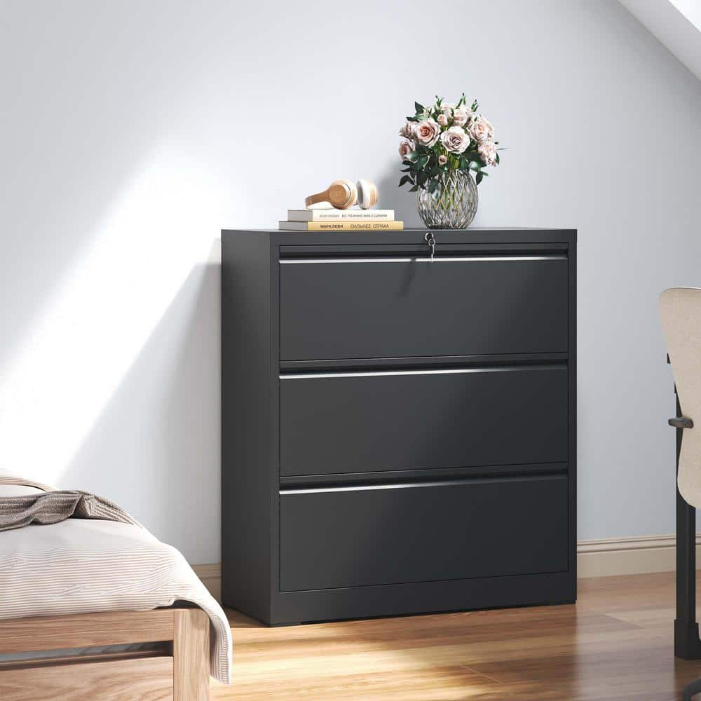 Black Metal 3-Drawer Lockable Lateral File Cabinet