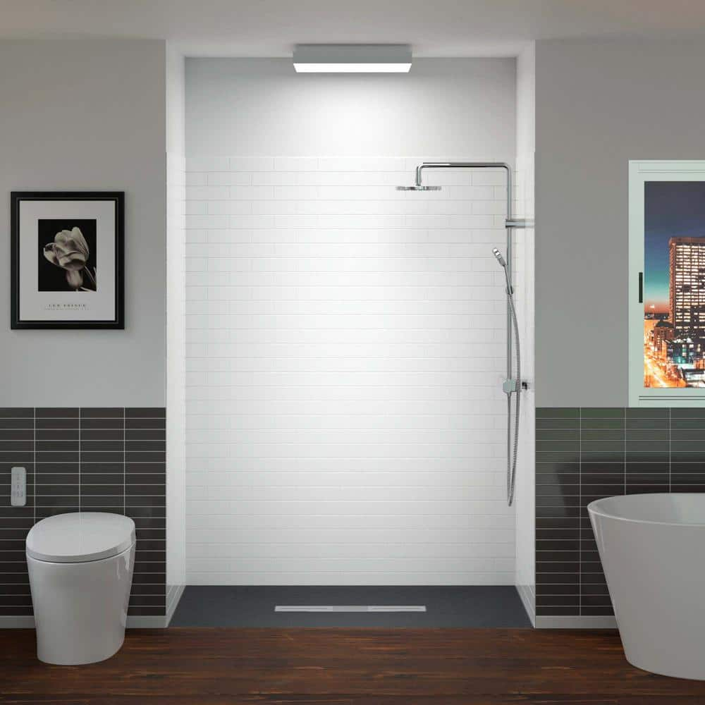 60 in. L x 36 in. W x 75 in. H 4-Pieces Alcove Shower Kit with Glue Up Shower Wall and Shower Pan in White and Black/BN