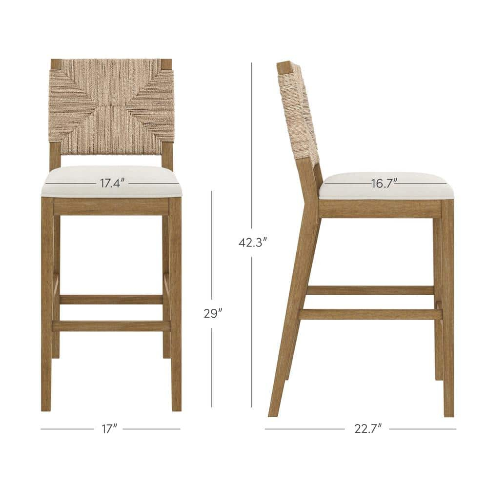 Cream Boucle and Seagrass Bar Stools with Light Brown Wood Frame, Set of 3