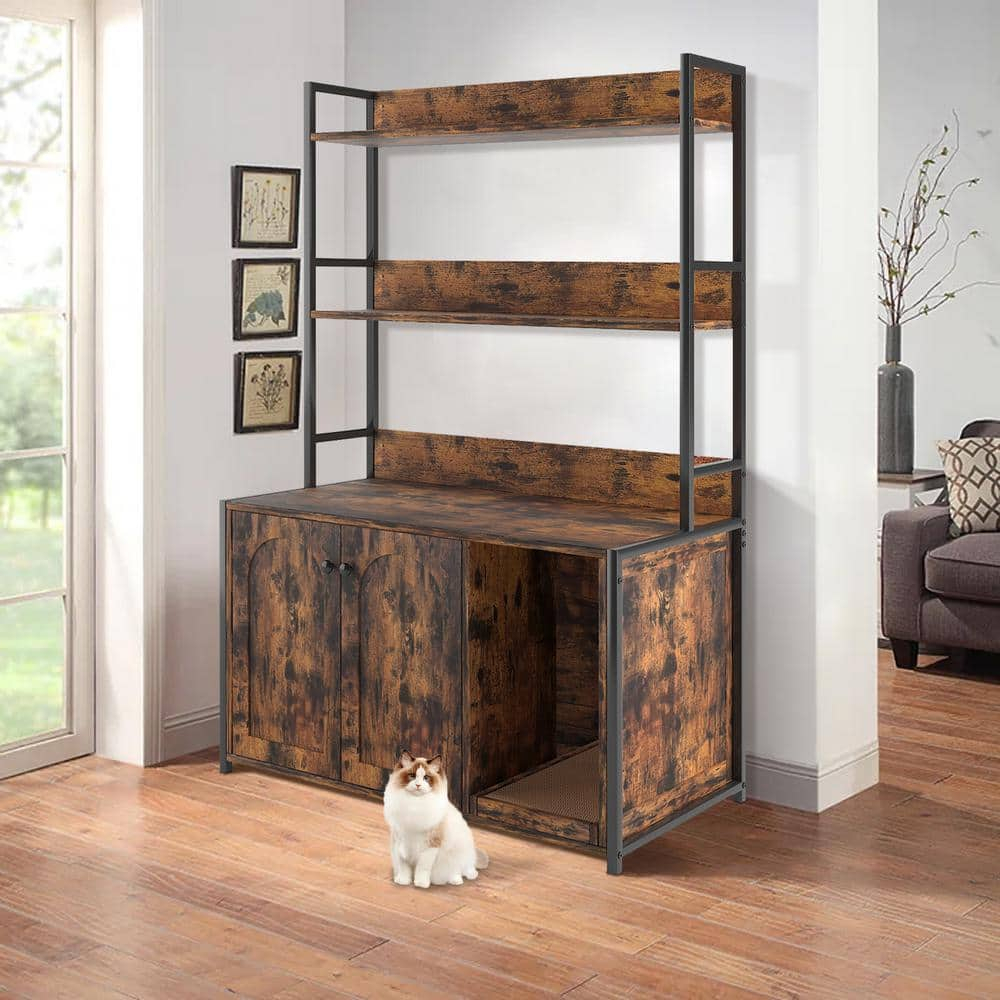Cat Litter Box Enclosure Furniture Hidden with Barn Door Large Wooden Cat Washroom Furniture with Multi Layered Shelf Storage Wooden Cat House Furniture Storage Sturdy Indoor Cat Cabinet