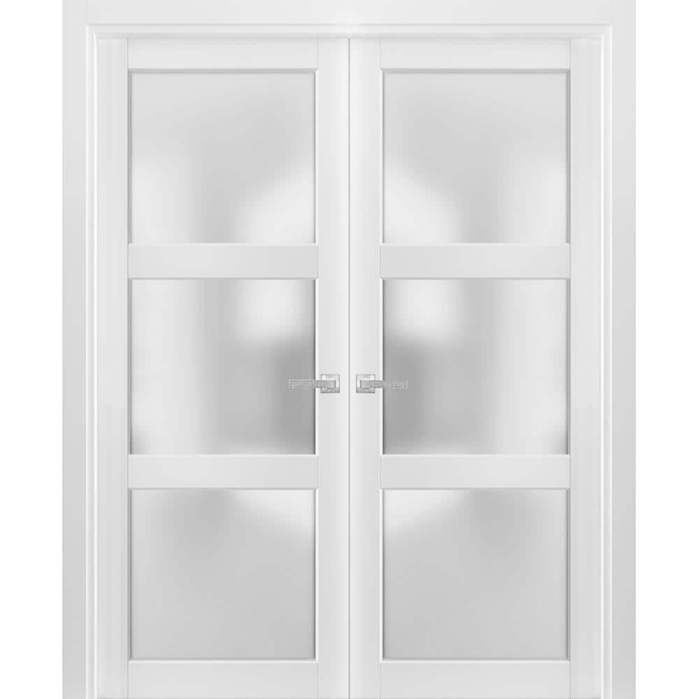 French Double Panel Lite Doors with Hardware | Lucia 2552 White Silk with Opaque Glass | Panel Frame Trims | Bathroom Bedroom Interior Sturdy Door