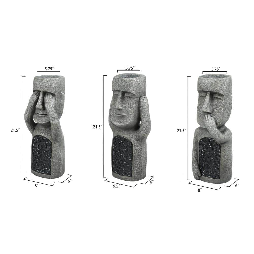 LuxenHome Gray MgO Set of 3 Garden Easter Island Solar Statues