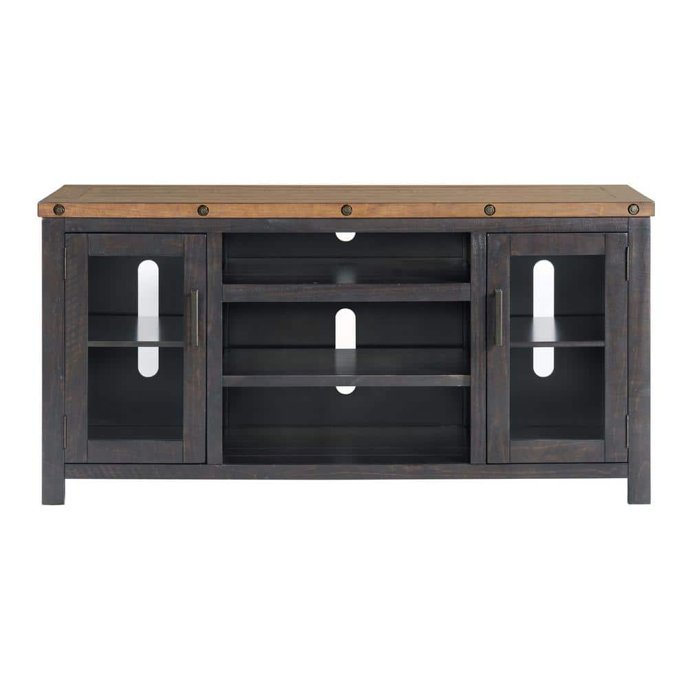 TV Stand with 2 Doors and Open Cubbies, Brown and Black- Saltoro Sherpi