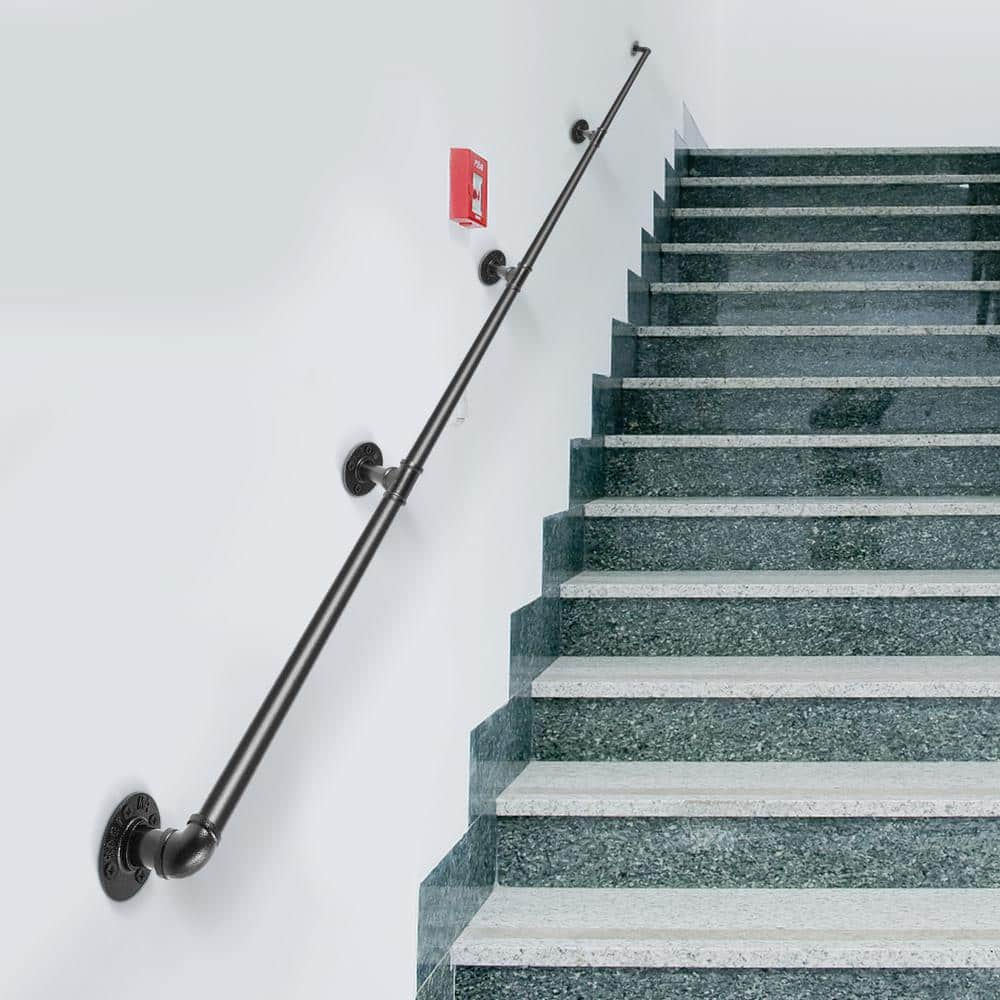 VEVOR Pipe Stair Handrail, 2FT Staircase Handrail, 440LBS Load Capacity Carbon Steel Pipe Handrail, Industrial Pipe Handrail with Wall Mount Support, Round Corner Wall Handrailings for Indoor, Outdoor
