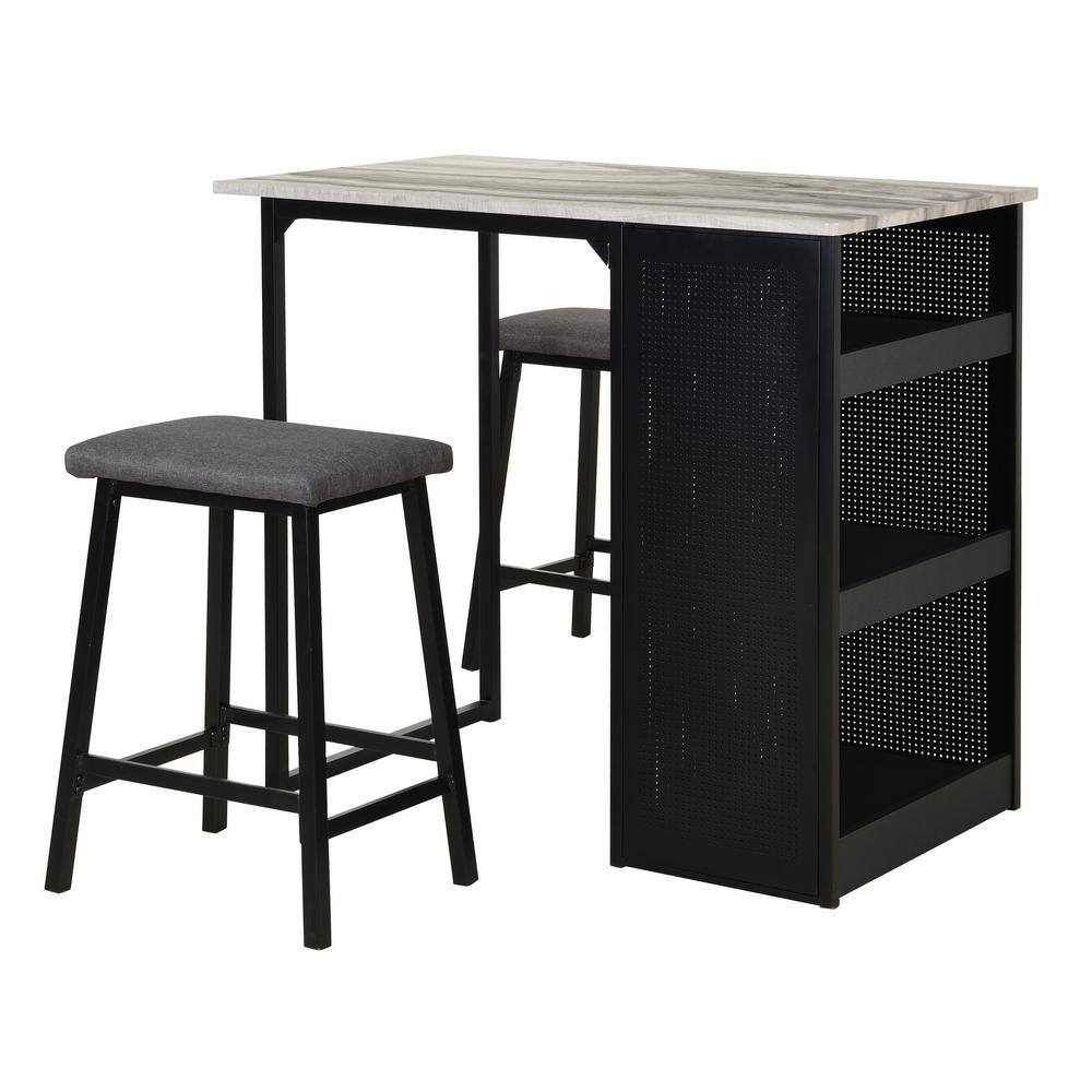 3 Piece Counter Height Faux Marble Dinette Set with Black Iron Metal Frame