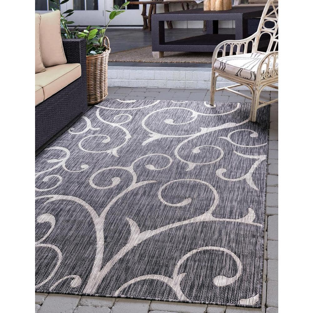 Unique Loom Outdoor Botanical Collection Area Rug - Curl (4' 1" x 6' 1" Rectangle Charcoal Gray/Gray)