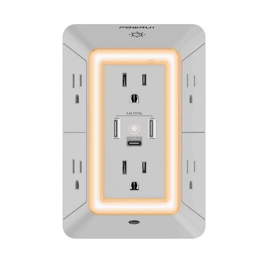 POWRUI Power Strip Surge Protector - 6 AC Outlets With 3 USB Ports (1 USB C), Night Light, 3-Sided Multi Plug Wall Extender With Spaced Outlets - Grey, ETL Listed