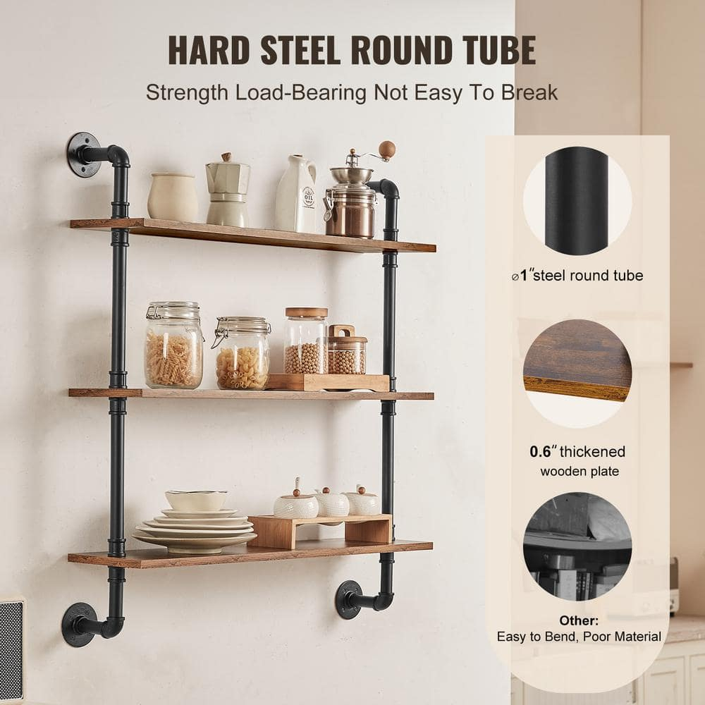 VEVOR Industrial Pipe Shelf, 3 Tier 32x7.87in, Wall-Mount Floating Rustic Wood Shelves Bracket Display Bookshelf, Storage Rack Sundries Holder for Kitchen Bedroom Bathroom Living Room, Black