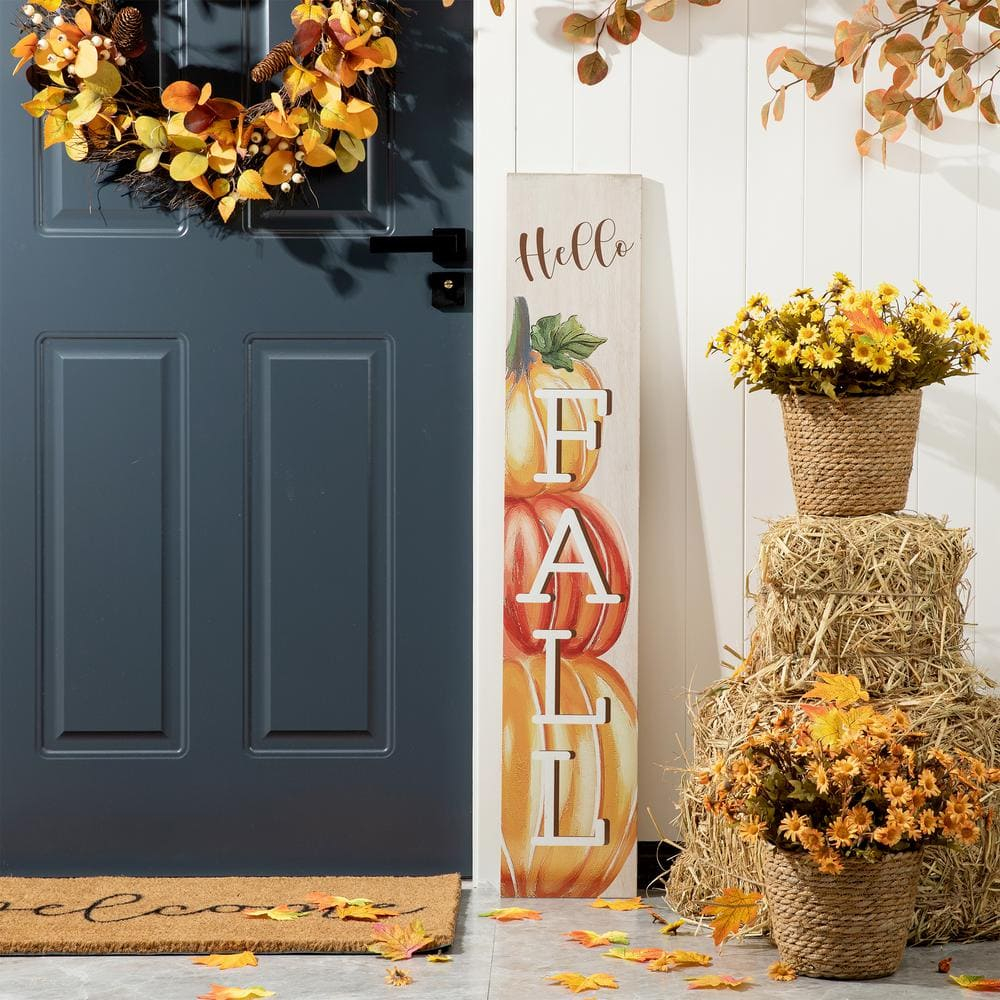 42" Orange and White Pumpkin 'Hello Fall' Thanksgiving Wall Sign