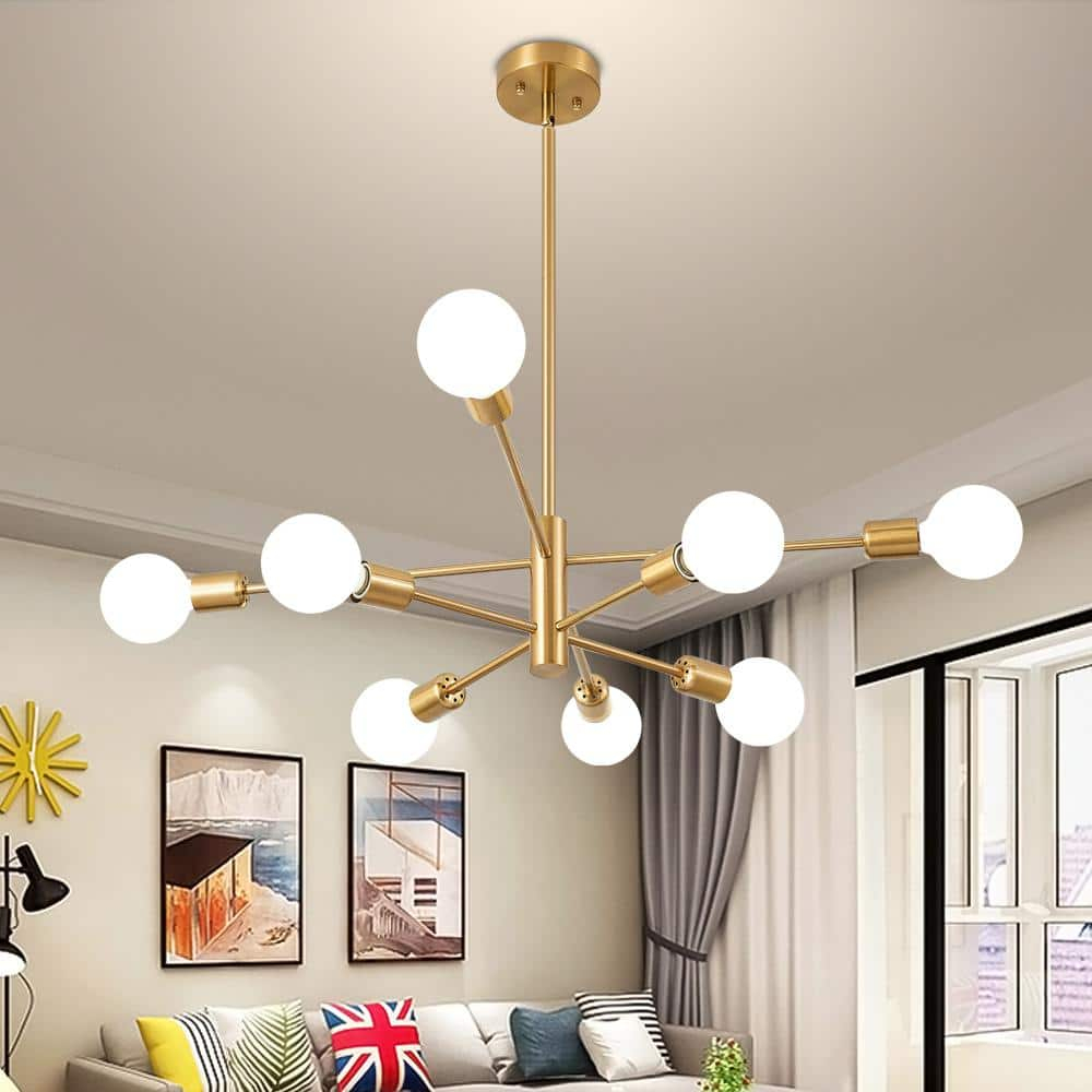 Modern Gold Sputnik Chandelier with 8 Lights E26 Mid Century Ceiling Lighting Fixtures for Living Room, Kitchen Island, Bedroom, Dining Room, and Farmhouse