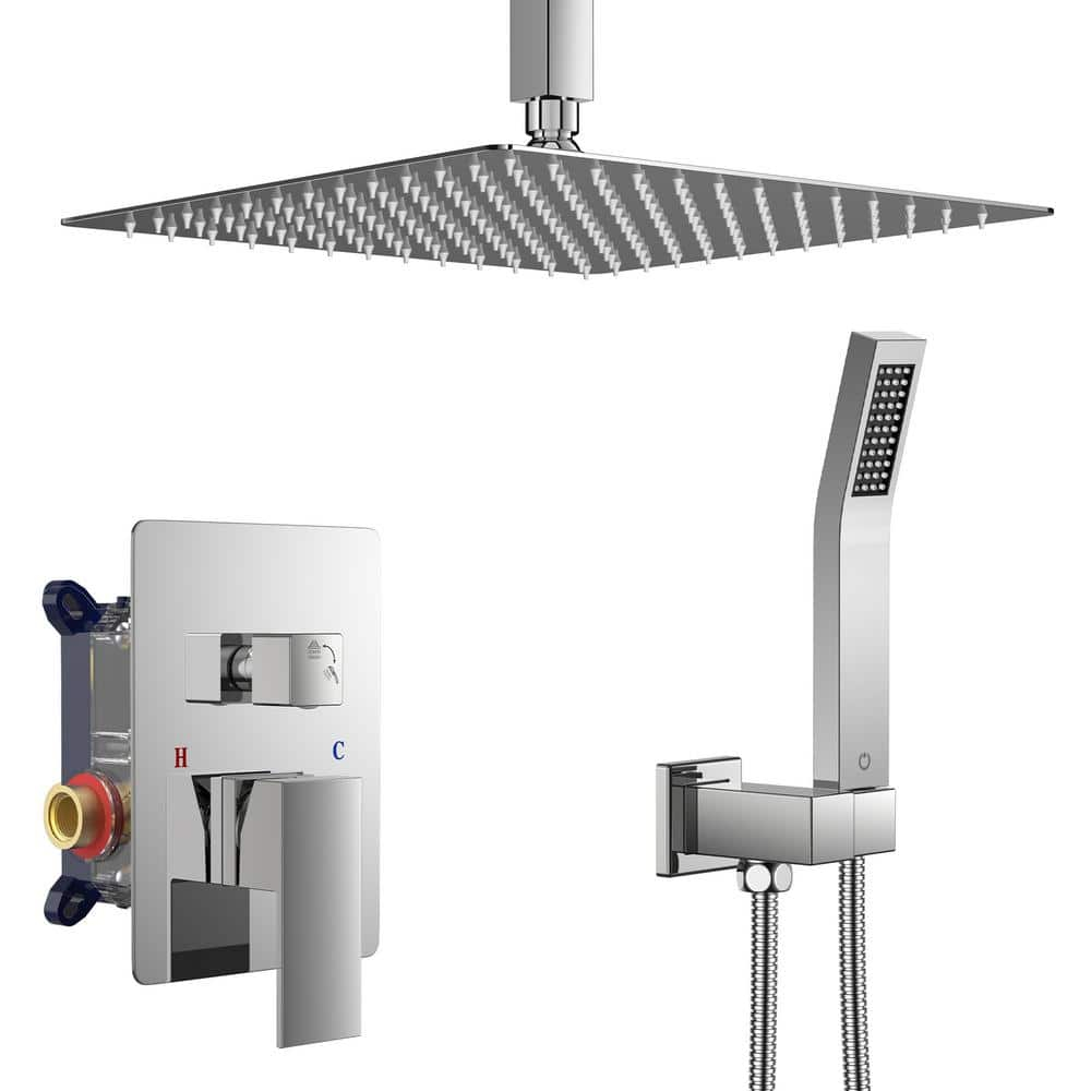 FORIOUS Shower Head System, 12 Inch Rain Shower Faucet Set with Handheld Spray Combo Rough-in Valve, Solid Brass Pressure Balanced Valve Trim Kit, Ceiling Mount, Chrome