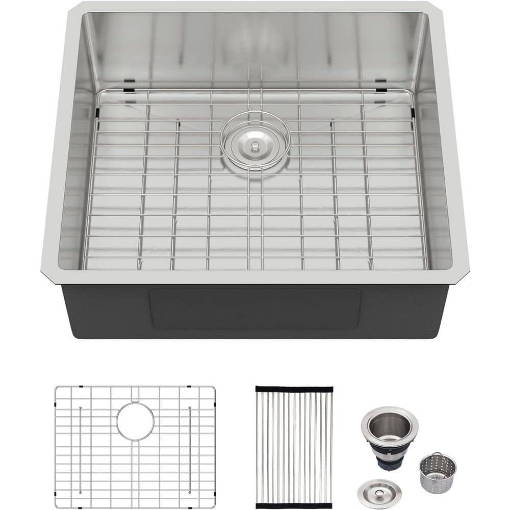 Logmey 25 Inch Drop In Kitchen Sink 25x22 In Handmade Stainless Steel Kitchen Sinks 16 Gauge Topmount Sink Single Bowl Round Corner Sink Bar Sink Prep 25x22x9 Inches