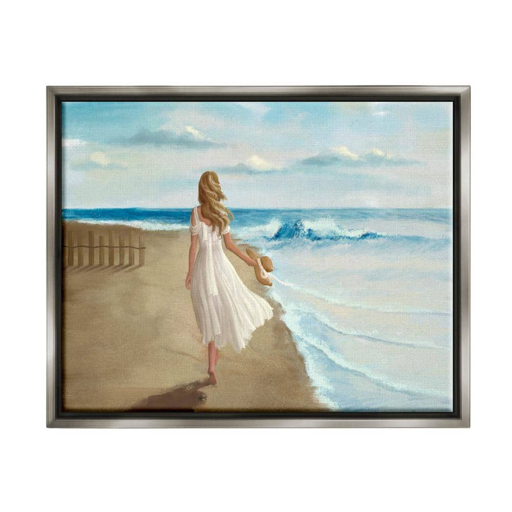 Stupell Industries Walk On The Beach Blue Ocean Painting Luster Gray Framed Floating Canvas Wall Art, 16x20, by Ziwei Li