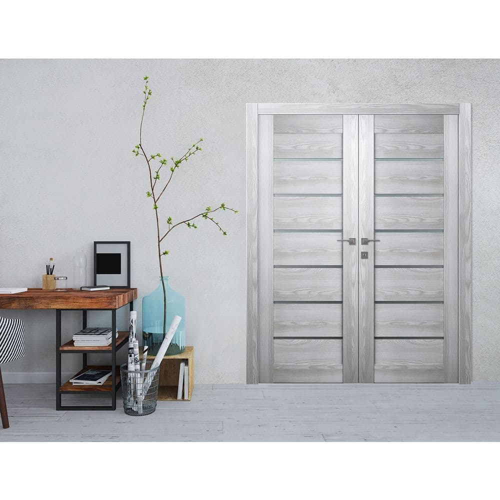 Gray Pine Composite Double Prehung French Door with Frosted Glass