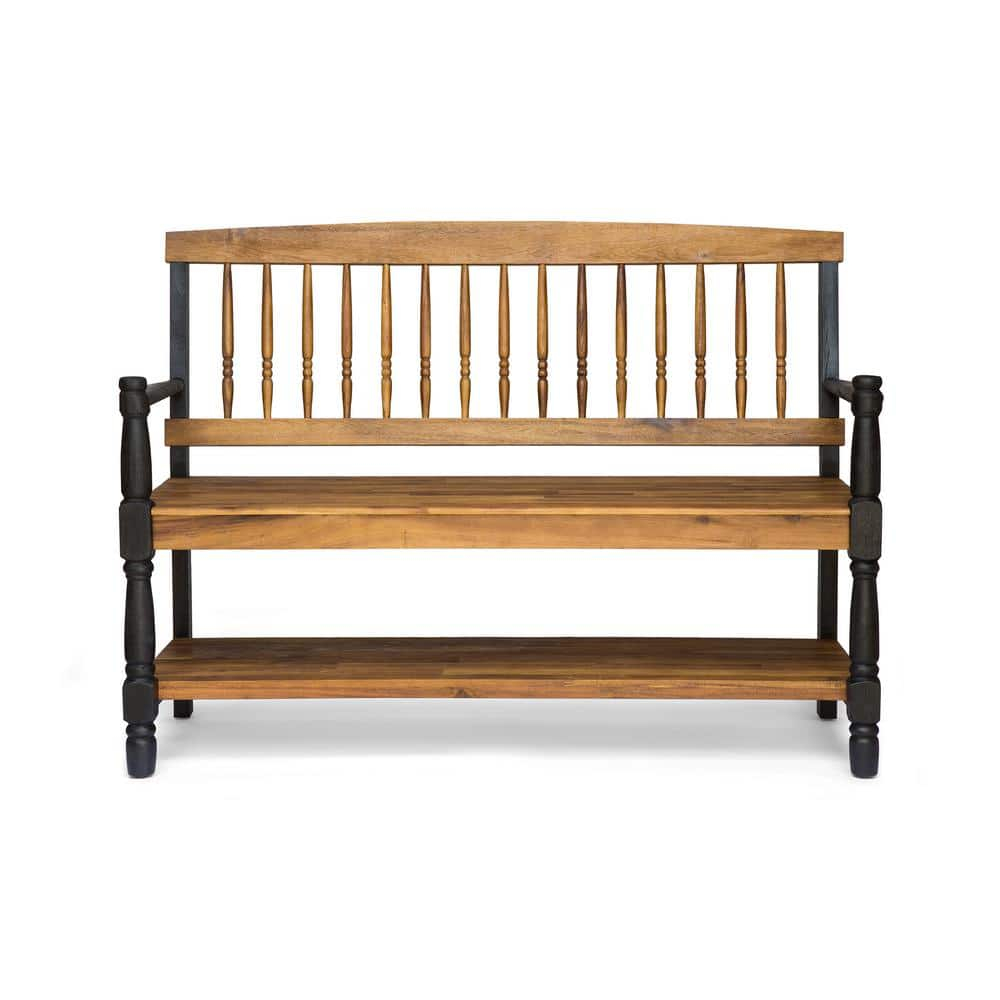 GDF Studio Kuhn Indoor/Outdoor Acacia Wood Bench with Shelf, Teak and Black