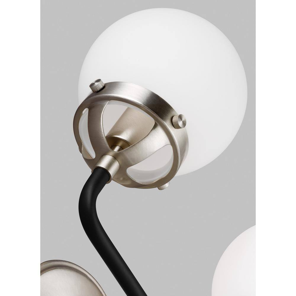 Cafe 14 in. W 2-Light Brushed Nickel Vanity Light with Etched/White Glass Shades and Matte Black Frame Accents